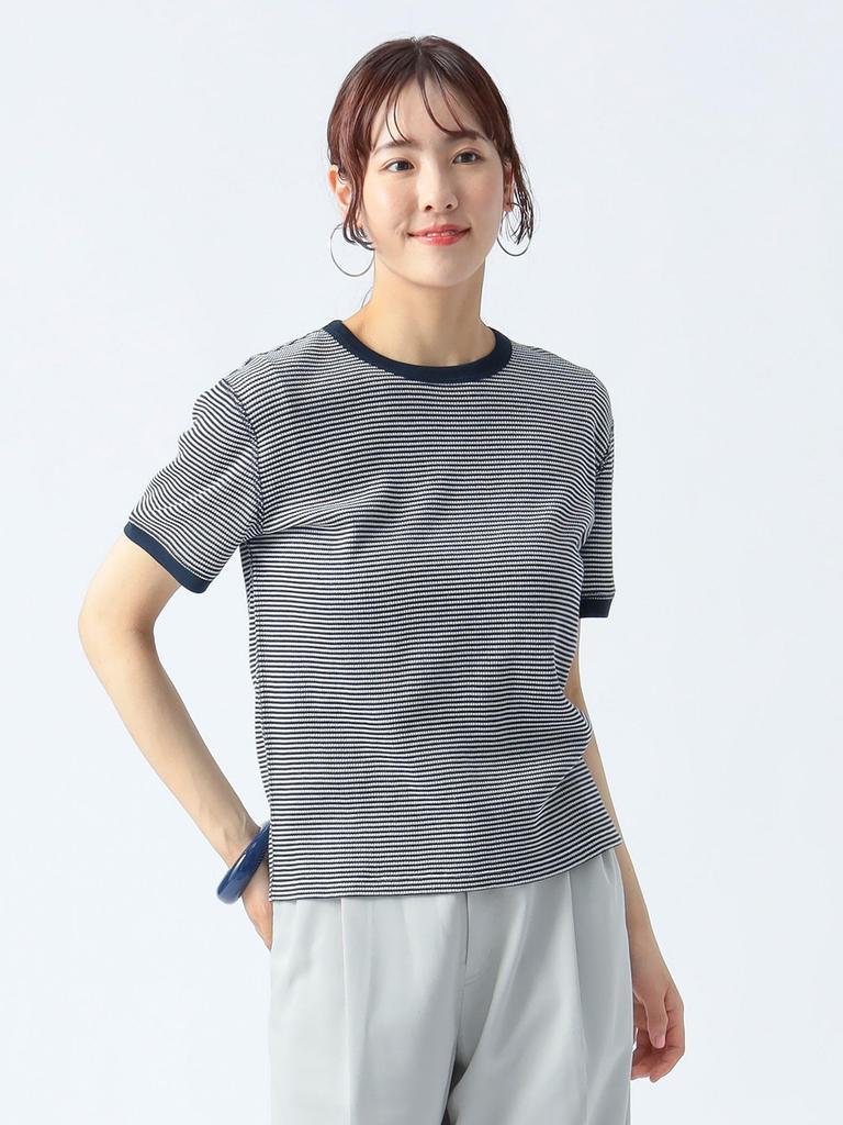 Beams Heart Tee Waffle Striped Pullover Navy One Size S/S Women's