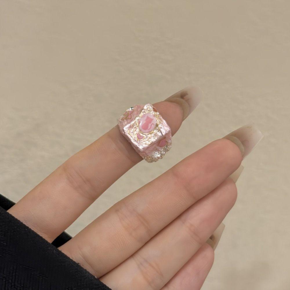 Cartoon Cat Enamel Drip Oil Ring Adjustable Cuff Ring Pink Opening Ring  Festival Ornaments