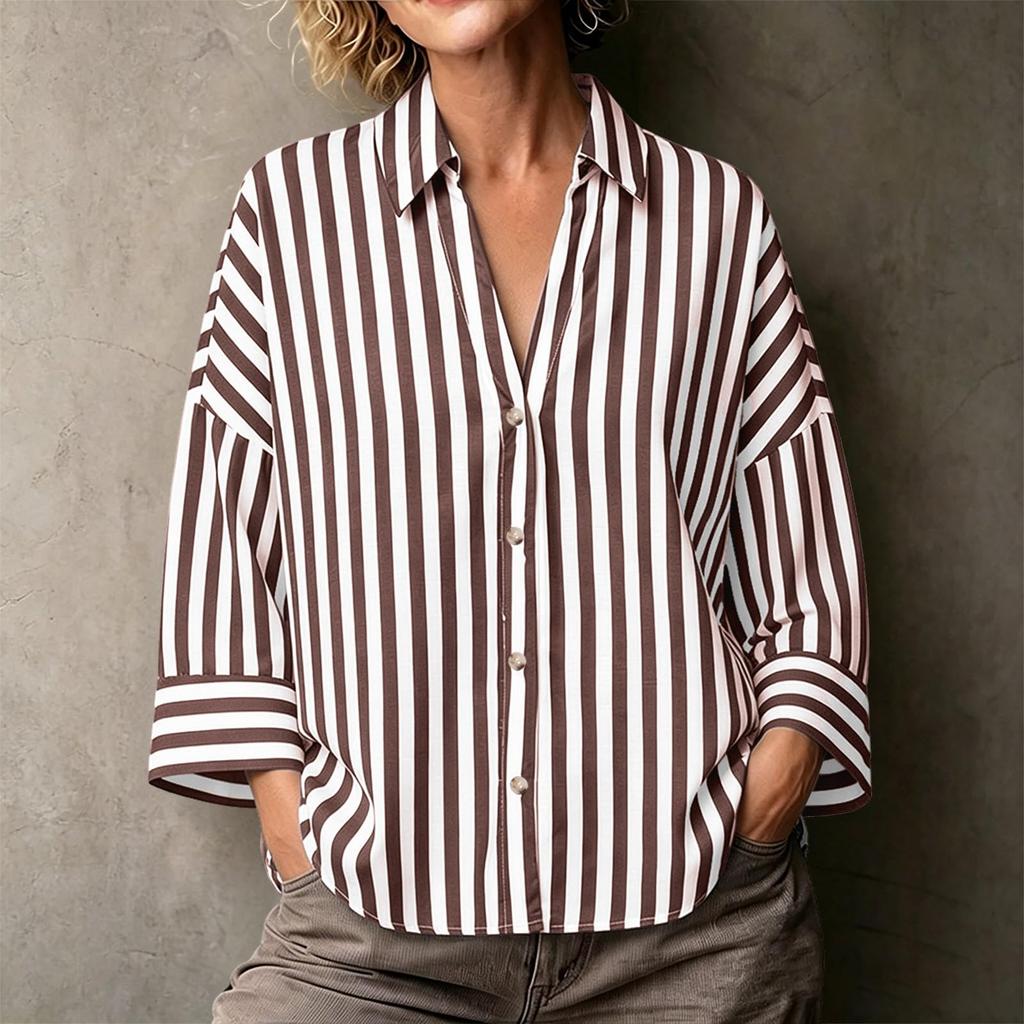 Women's Striped Lapel Button Down Long Sleeve Blouse Loose Fit for Work