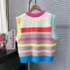 2025 Spring Women's Color Block Striped Crew Neck Knit Vest Sweater