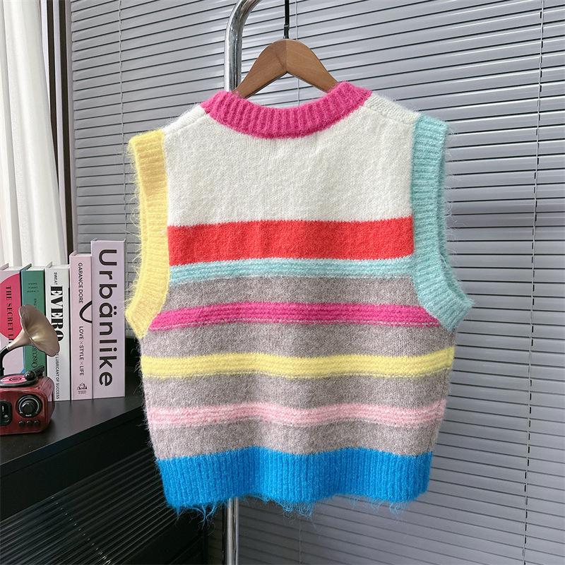 2025 Spring Women's Color Block Striped Crew Neck Knit Vest Sweater