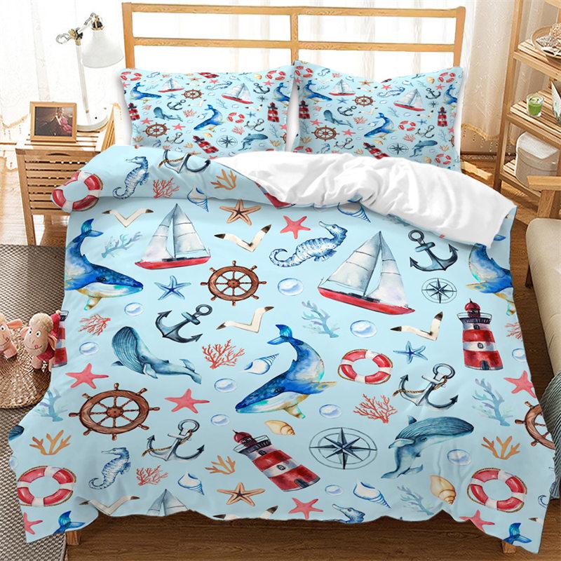 Cute Ocean Animal Duvet Cover Microfiber Marine Life Print Bedding Set Sea Turtle Coral Comforter Cover For Boys Girl Room Decor