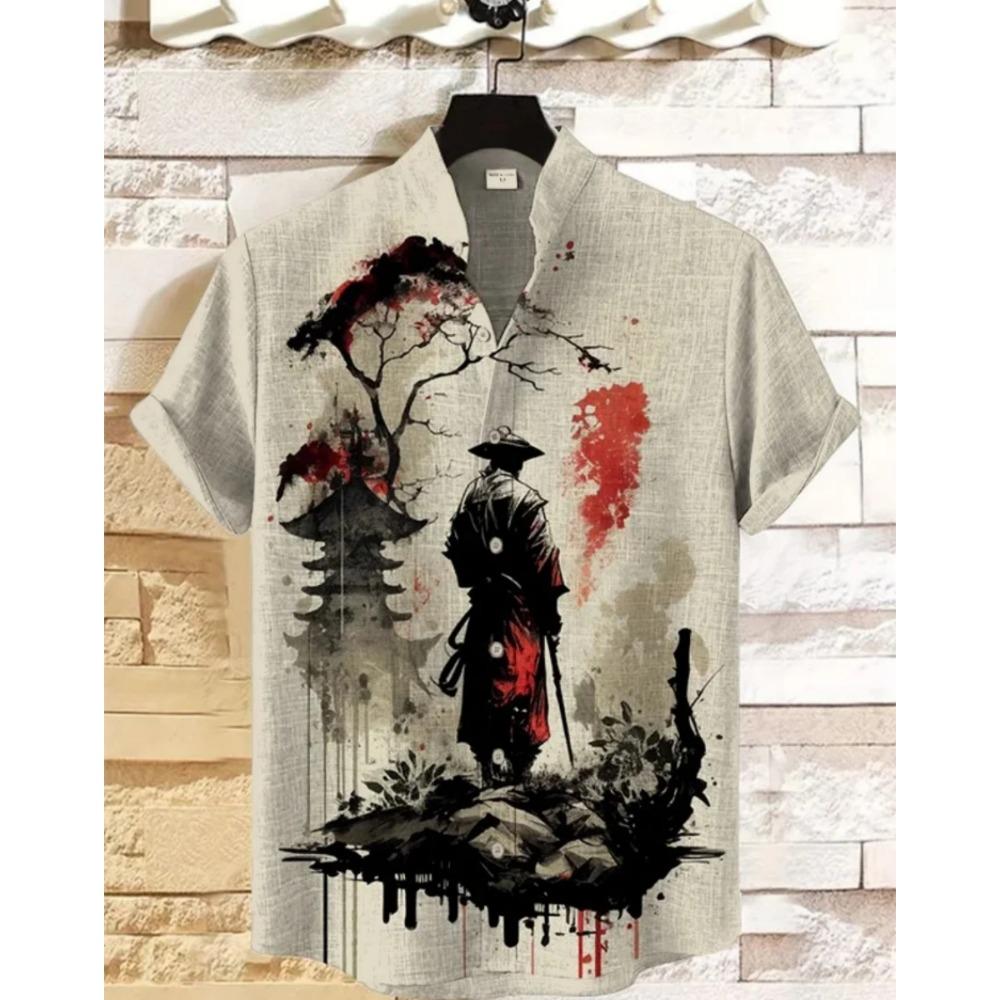 Men's Samurai Hawaiian Shirt Casual Short Sleeve Top Loose Clothing Fashion Retro Summer Shirt