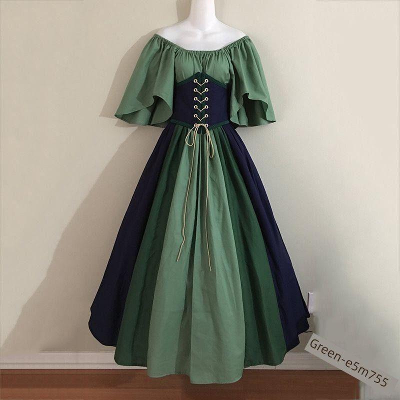 European and American Style Off-Shoulder Dress for Women, Medieval Retro Color-Blocking with Flutter Sleeves, Tie-Waist, and Large Hem Skirt