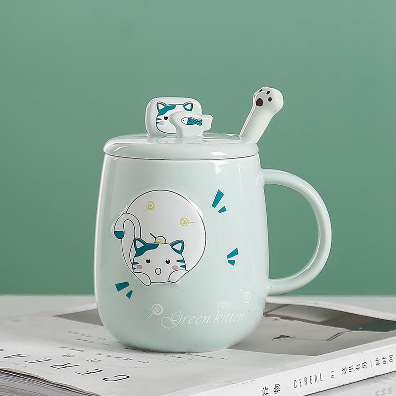 Cartoon Cat Ceramic Mug with Lid and Spoon - Trendy Office Coffee Cup