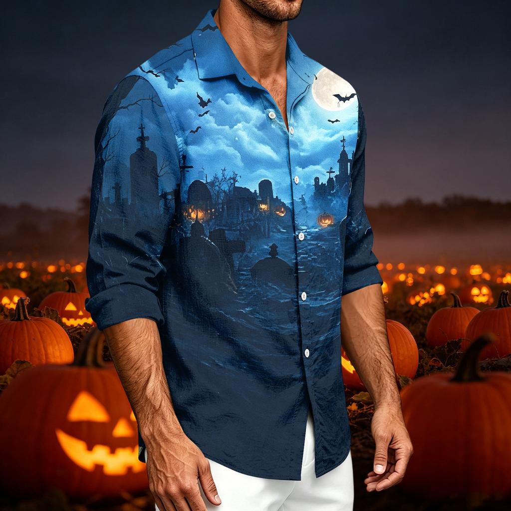 Men's Casual Long Sleeve Shirt with Halloween Print for Spring and Fall