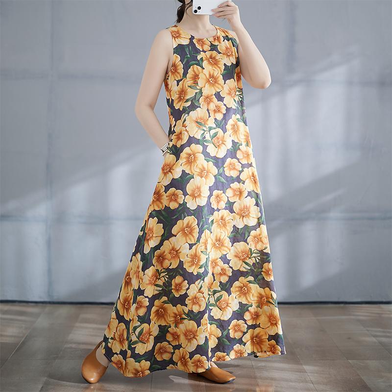 DIMANAF 2025 Women Linen Summer Flower print Dress Casual Ladies Basic Long Dress  8132