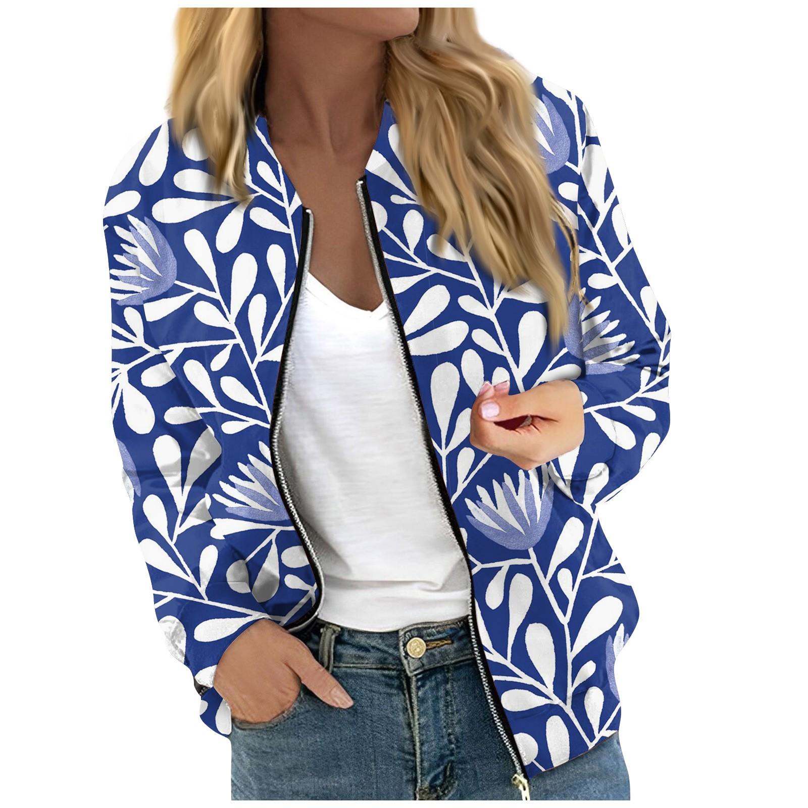 

Жіноча модна повсякденна куртка на блискавці з довгим рукавом і квітковим принтом із принтом листя M