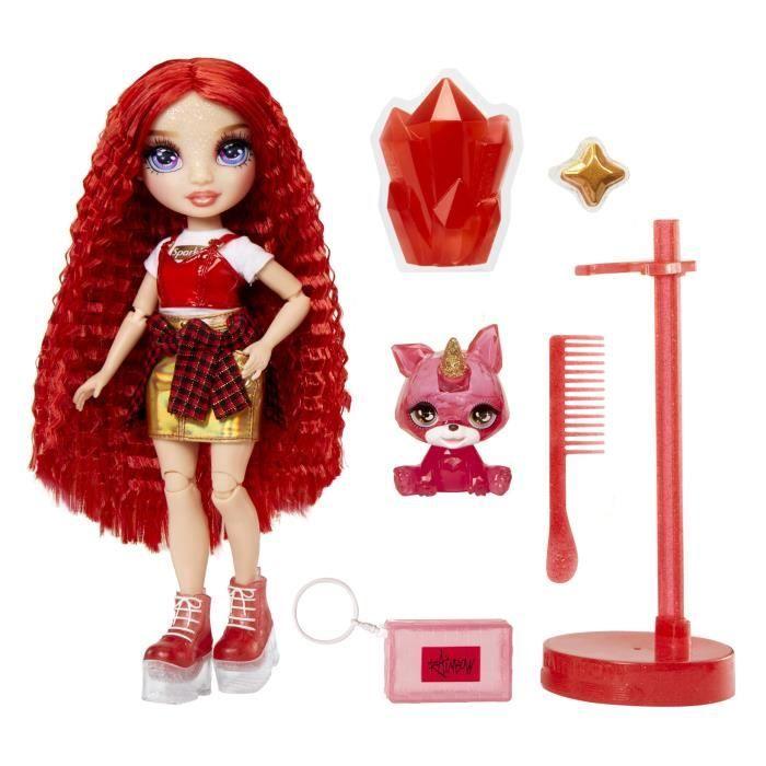 Rainbow high poupée mannequin avec kit de slime et animal de compagnie - ruby (rouge) - poupée pailletée 28 cm avec kit de slime