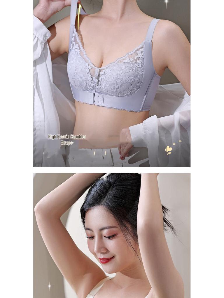 Women's Front Buckle Push-Up Lace Bra with Side Support, Anti-Sagging for Small Chest