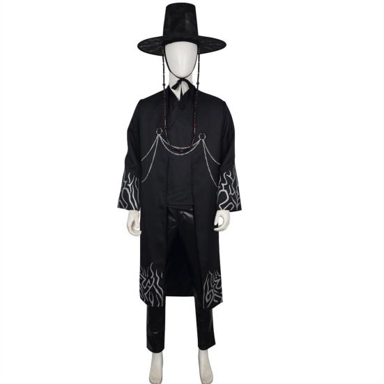Korean Anime Cosplay Costume Black Flame Robe Shirt Pant Hat Set Villain Role-playing Outfit for Kids Halloween Carnival Performance