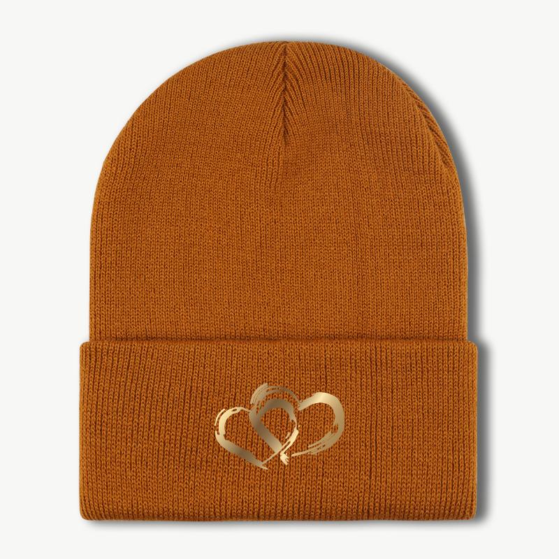 Golden DoubleHeart Print Knit Beanie Warm Soft Comfortable Stretchy Brimless Hat Elegant Luxe Fashionable Unisex FallWin