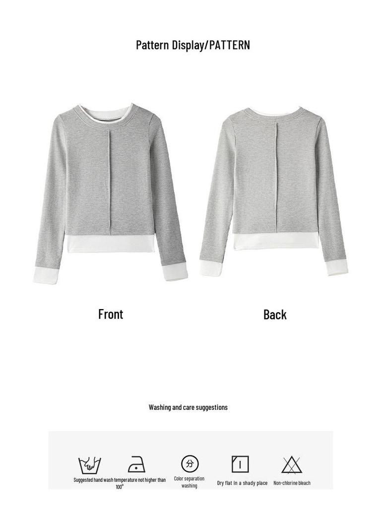 Women's 250g Heavyweight Two-Piece Look Round Neck Long Sleeve T-Shirt - Spring/Autumn Fashion with Straight Shoulder Patchwork Design