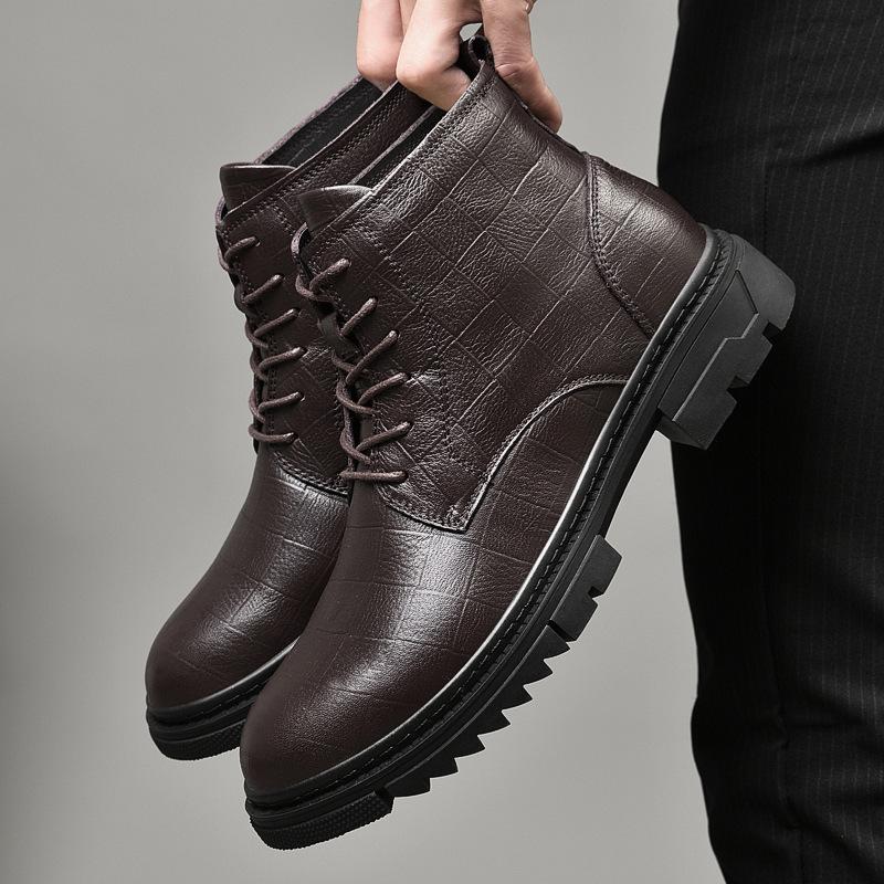 Men's Plus Size Genuine Leather High-Top Martin Boots, Velvet-Lined Winter Work Boots, Snow Boots in Cowhide.
