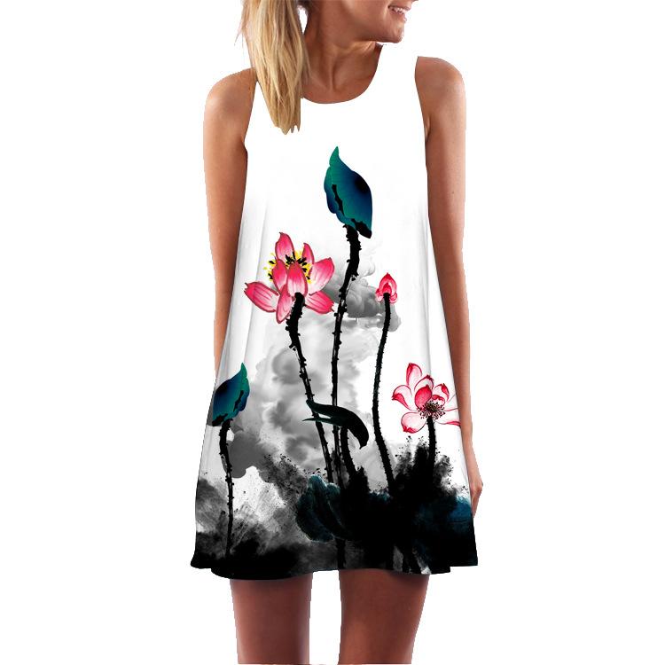 European and American New Digital Printing Round Neck Off-the-shoulder Sleeveless Vest Big Pendulum Loose Medium and Long Dress