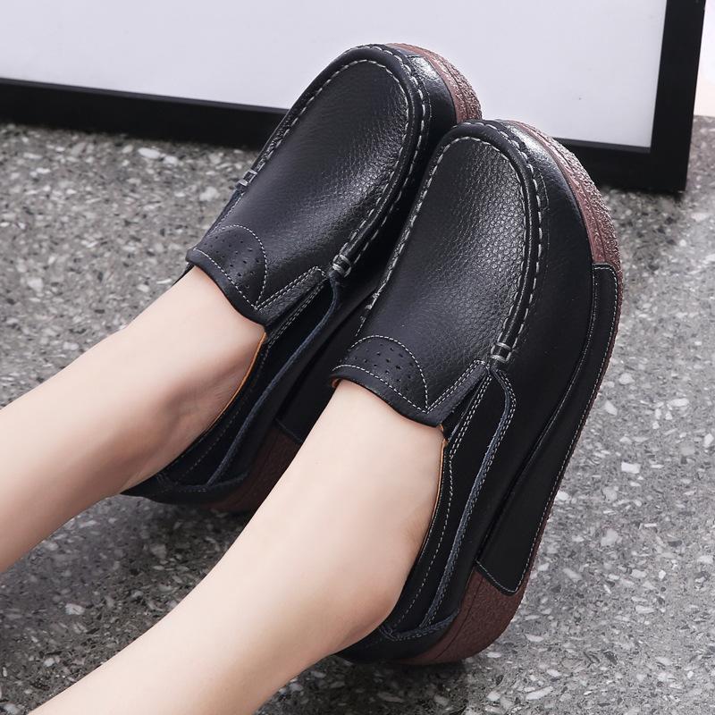 Genuine Leather Casual Shoes Women Fashion Platform Shoes Slip-on Loafers Walking Wedge Heels Rocker Shoes