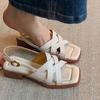Sheepskin Version~ Leather Square Head Cross-strapped Shoes for Women's Summer Wear Literary and Retro Woven Thick-heeled Sandals