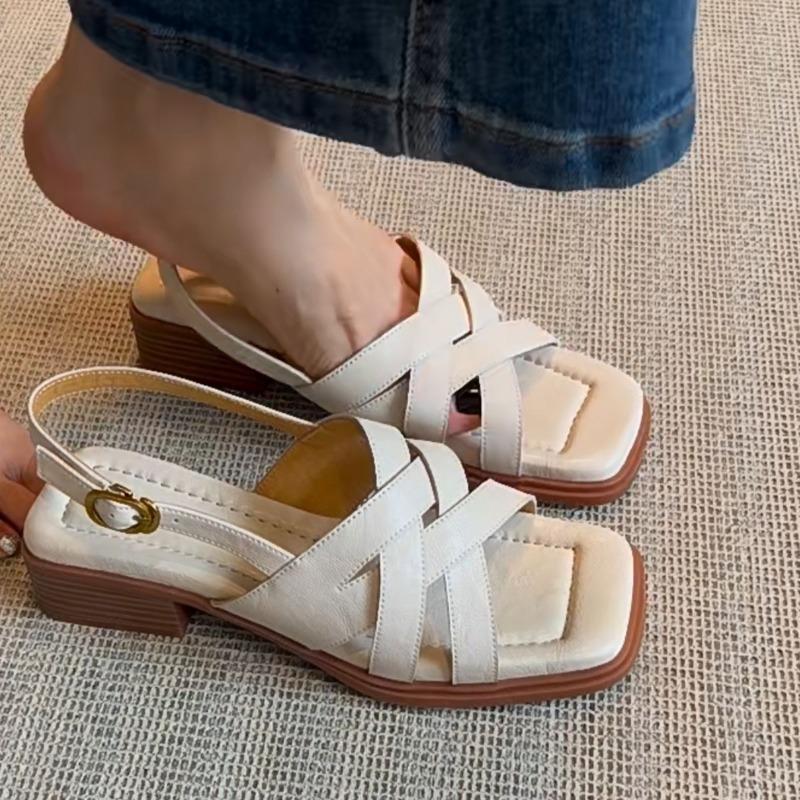 Sheepskin version~ Leather square head cross-strapped shoes for women's summer wear literary and retro woven thick-heeled sandals