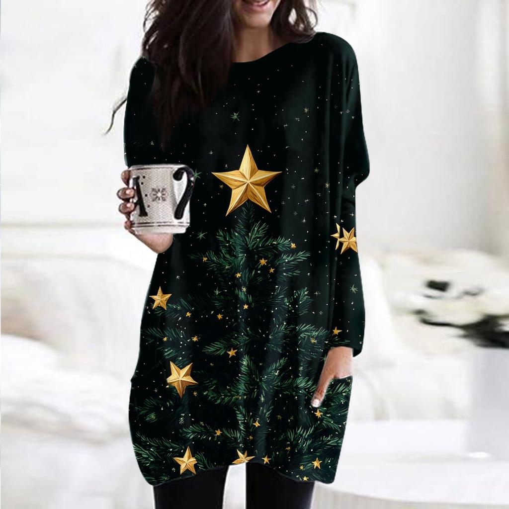 Dámská móda ležérní tričko s vánočním potiskem s kulatým výstřihem a dvojitou kapsou s dlouhým rukávem