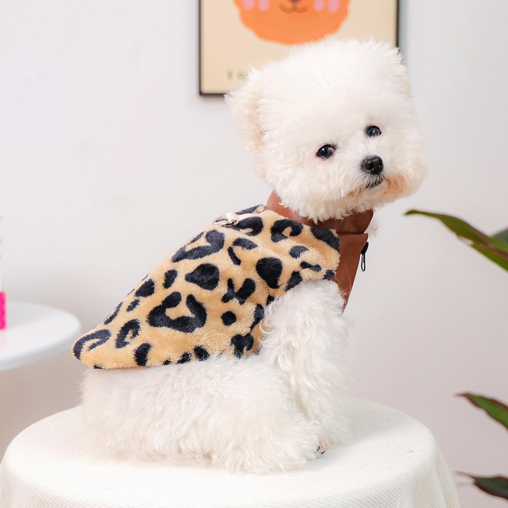 Pet autumn and winter new small dog puppy happy dog cat warm and comfortable leopard leather jacket