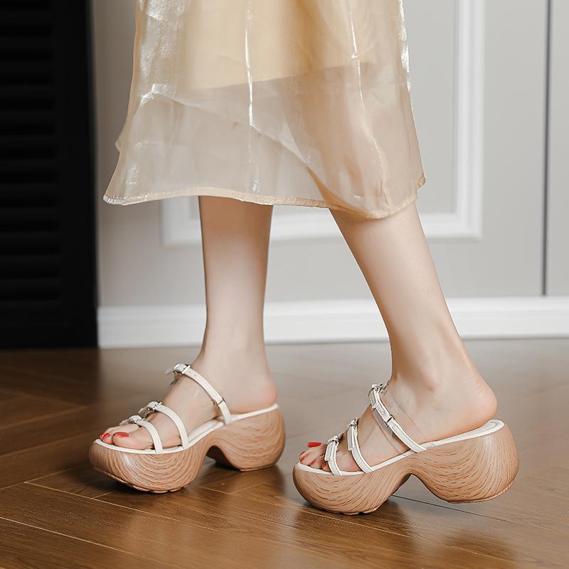 Roman Holiday Style High-end Soft-soled Heightened One-word Open-toed Platform Sandals Thin Strips Wood Grain Wedge Heel Muffin Shoes