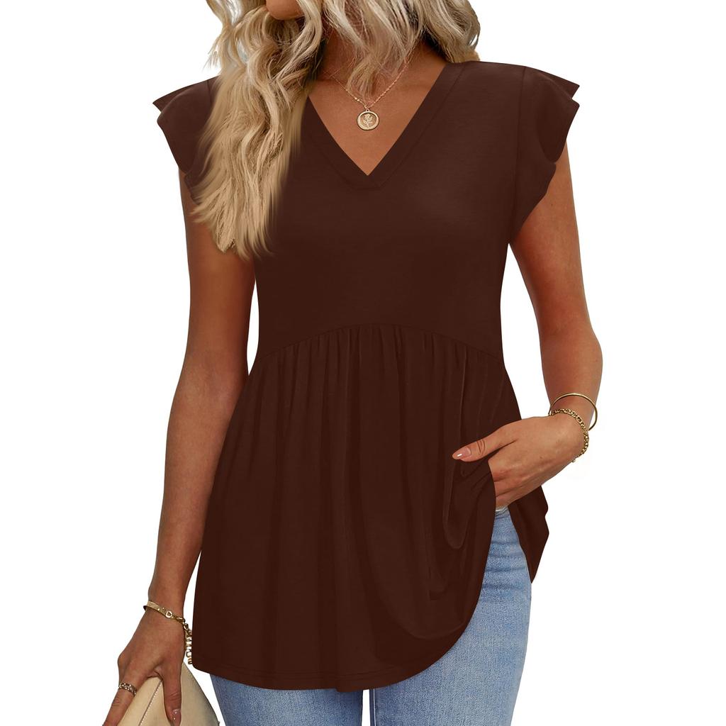 Womens Tops Fashionable V-neck Ruffled Sleeve Short-sleeved T-shirt Business Blouses