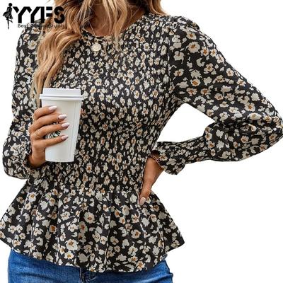Moda feminina casual primavera outono flor padrão estampado manga comprida blusas e camisas