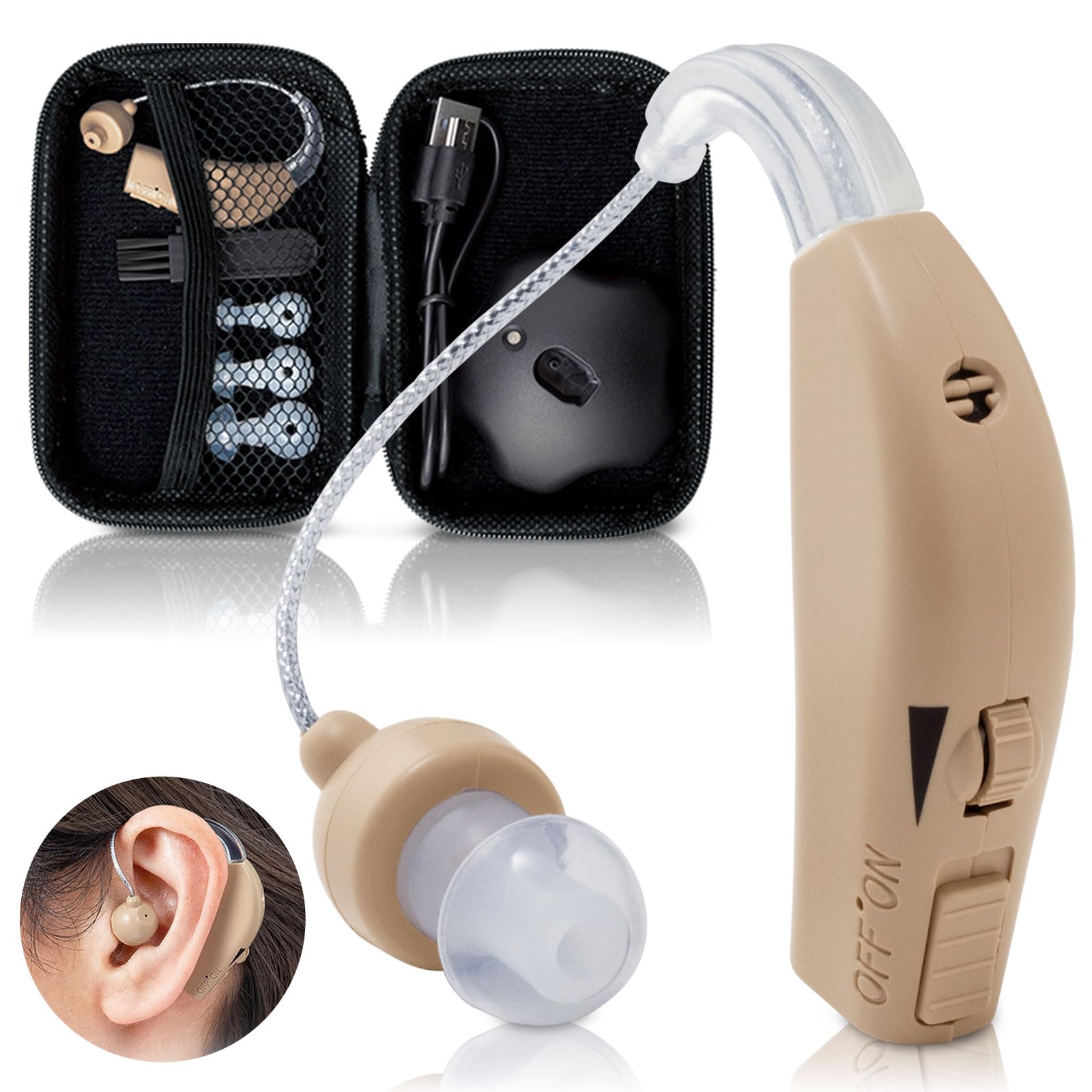 

Перезаряжаемый слуховой аппарат с заушным креплением Comolife для пожилых людей, легкий, компактный, с щеточкой и футляром, подарок в комплекте