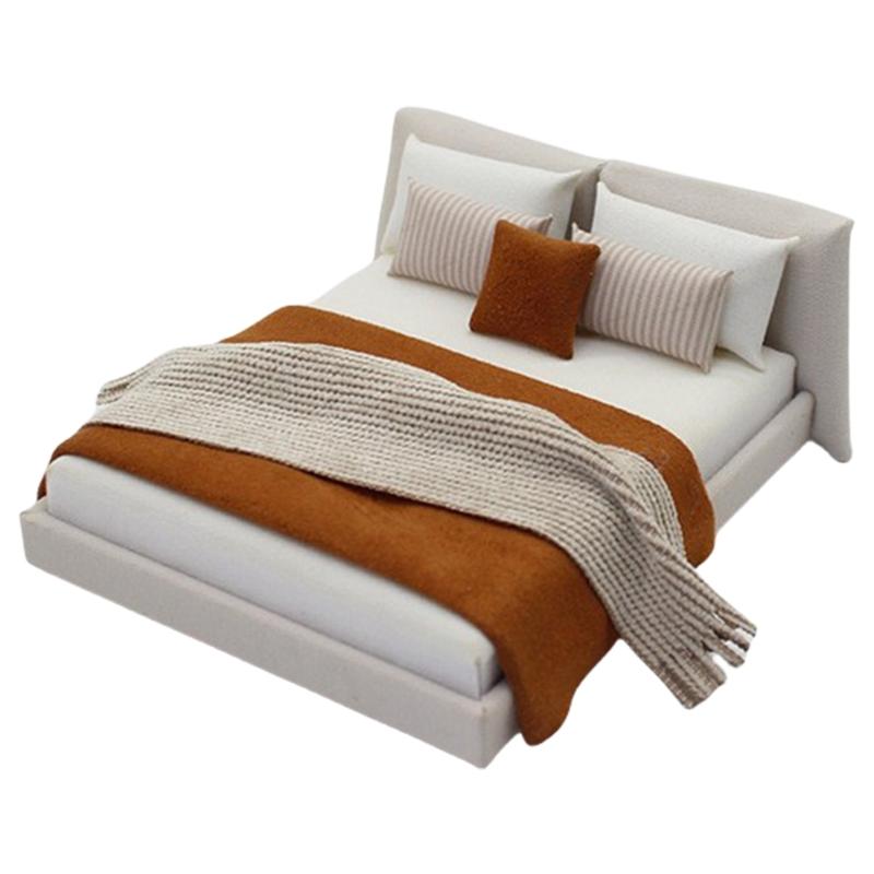 1/20 Dollhouses Bedroom Miniature Double Bed and Beddings Realistic Modern Interior Design Room Scene Display Accessory