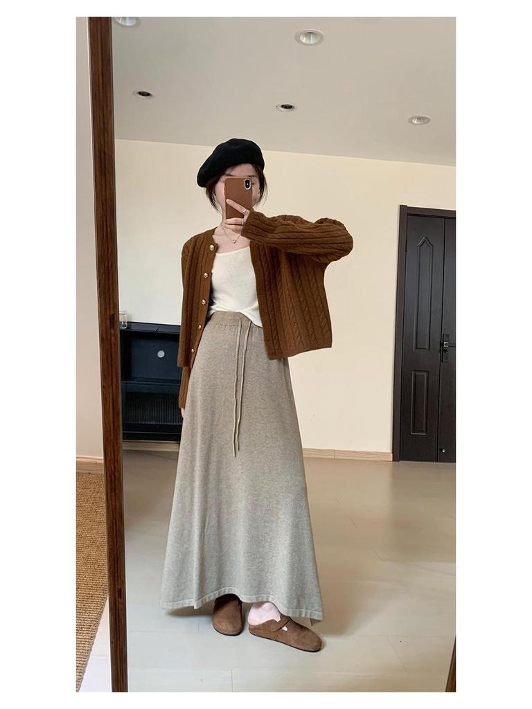 Korean Style High Waist Knitted A-Line Midi Skirt for Women