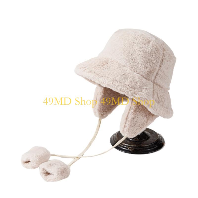 49MD Winter Plush Bucket Hat for Woman Windproof Bucket Hat with Detachable Earflap