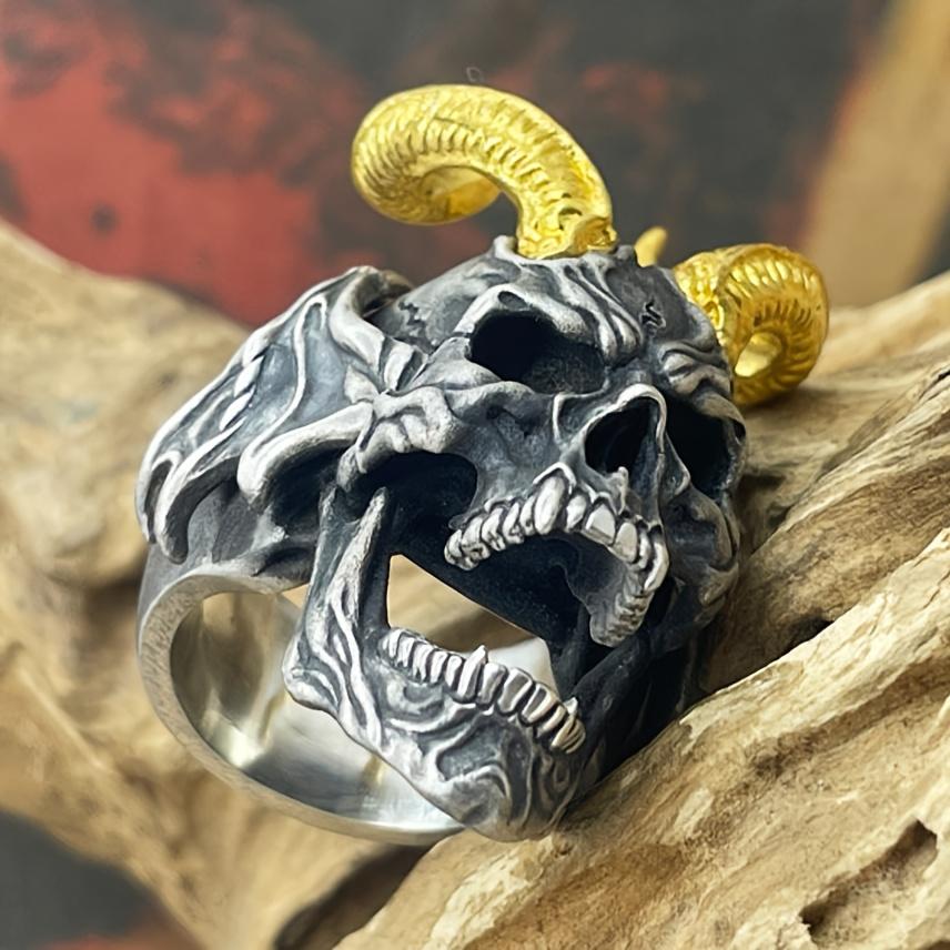 Vintage Punk Stainless Steel Skull Rings For Men Gothic Punk Exaggerated Gold Color Goat Skull Ring Hiphop Rock Biker Jewelry