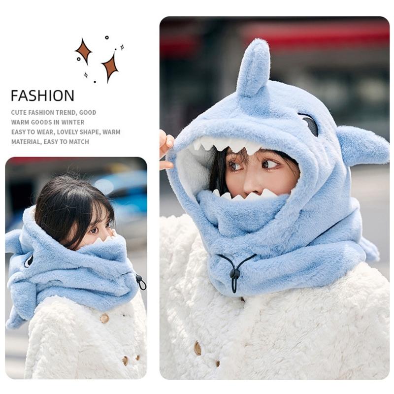 Lovely Plush Shark Ski Helmets Cover Thicken Warm Winter Hooded Head Protective Mask Hat for Men and Women Outdoor Sport