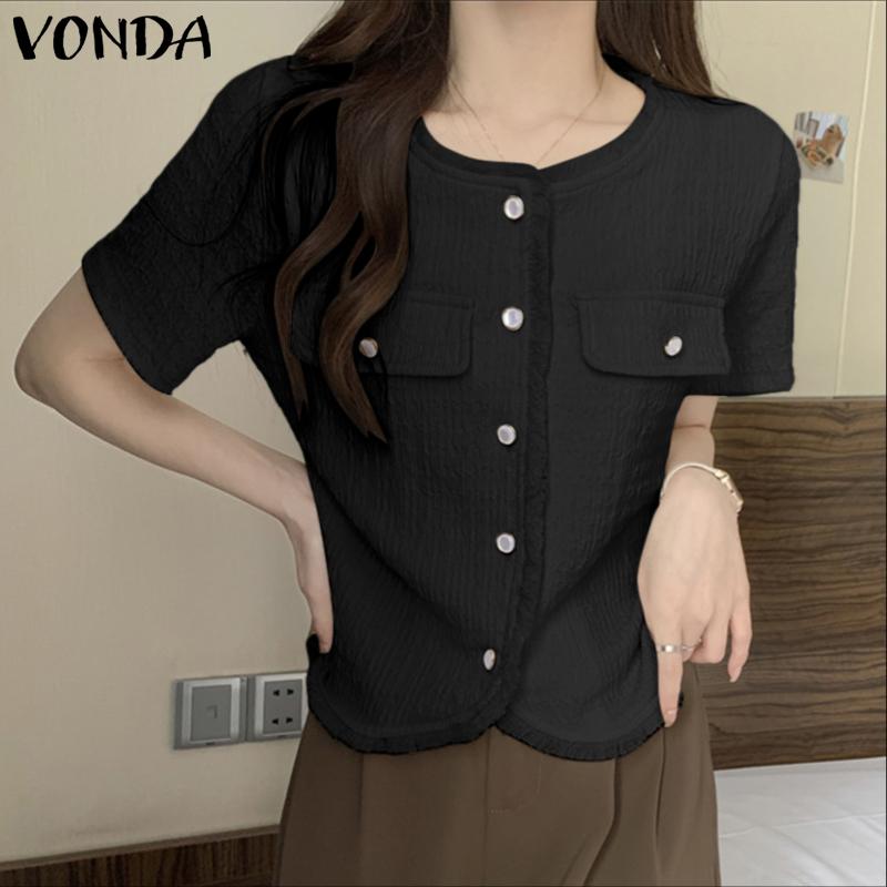 VONDA Elegant Women Short Sleeve Furry Hem Buttons Down Texture Casual Blouse