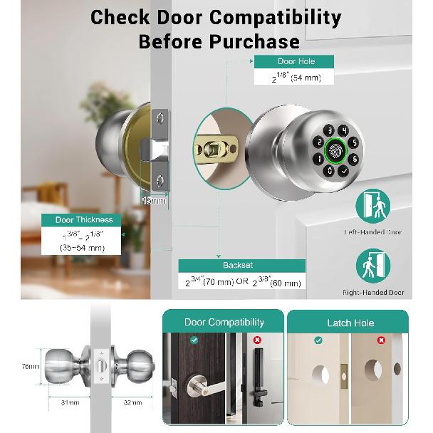 Inteligentny zamek do drzwi z klawiaturą, Bezkluczykowy zamek do drzwi z czytnikiem linii papilarnych i klamką do drzwi wejściowych i sypialni, Elektroniczny zamek do drzwi z gałką biometryczną i kodem z
