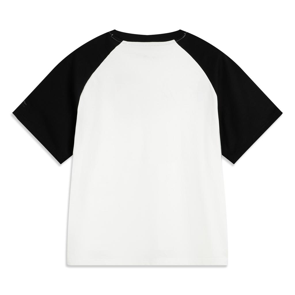 Li Ning Sports Trend Series Casual Minimalist Spliced Short Sleeve T-Shirt Women T-Shirts Off-White Black AHSV194-4