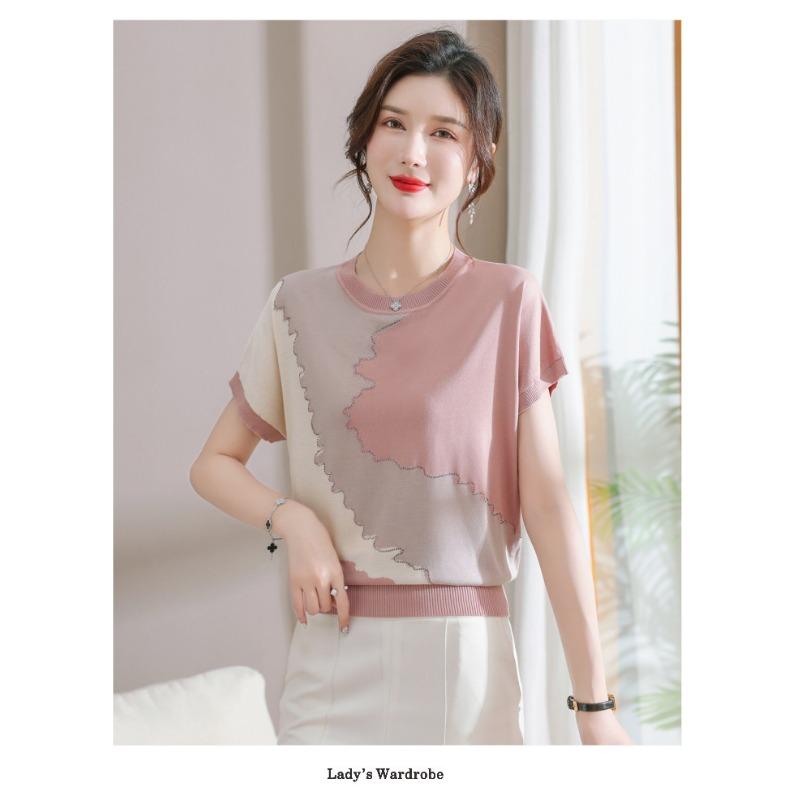 Women Summer New Ice Silk Round Neck Short Sleeve T Shirt Elegant Loose Thin Knit Top