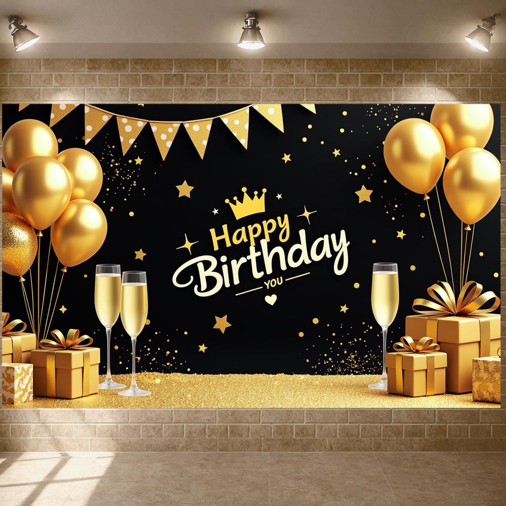 Happy Celebration Display Gold Gray Balloons Birthday Event Backdrop Birthday Party Backdrop Festive Party Decoration Banner