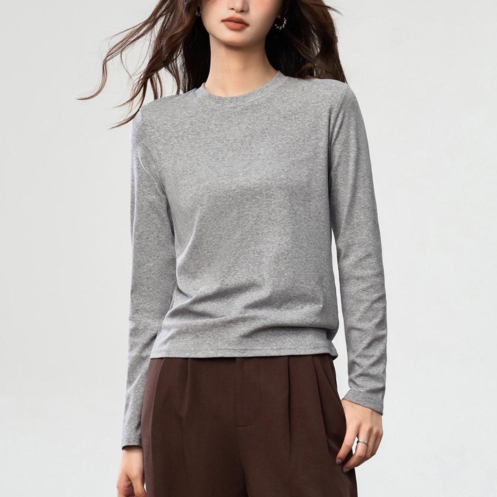 Damski Luźny Bawełniany T-shirt z Długim Rękawem w Kolorze Różowym, Półwysoki Okrągły Dekolt