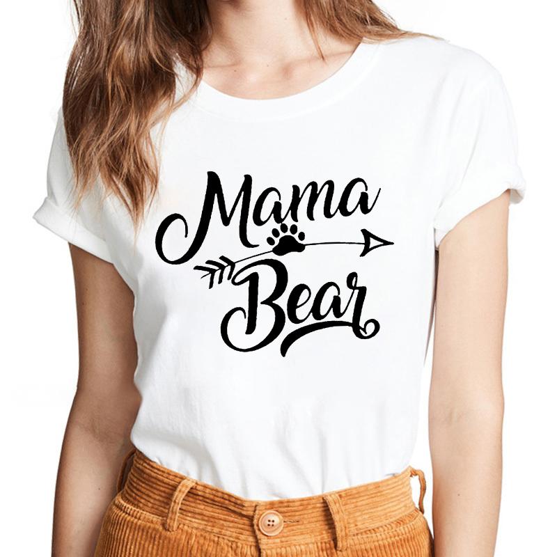 Lattice Mama Bear Letter Print T Shirt Women White Shirts Fashion O-Neck Short Sleeve T-Shirt Summer Tee Casual Top Female Tee