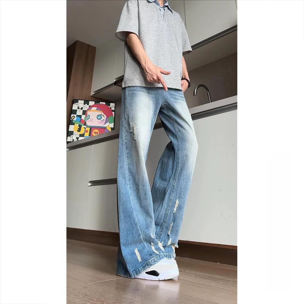 American vibe pants slightly pull jeans men's trendy design sense splicing washed retro ripped wide-leg trousers