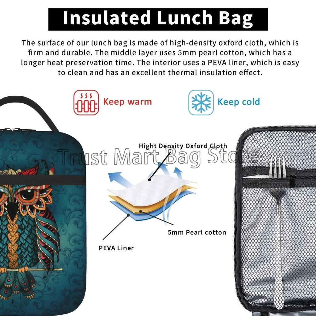 Owl Funny Lunch Bag Women Portable Lunch Box Insulated Cooler Reusable Bento Container Waterproof for Work School Travel Picnic