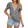 Camiseta de verano para mujer, camisetas de Color liso con manga corta y cuello en V de encaje dorado