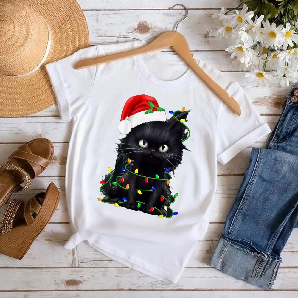 Black Cat Santa Christmas Family Xmas Printed TShirt Women Casual T Shirt Comfortable Personality Tops Soft Clothing S