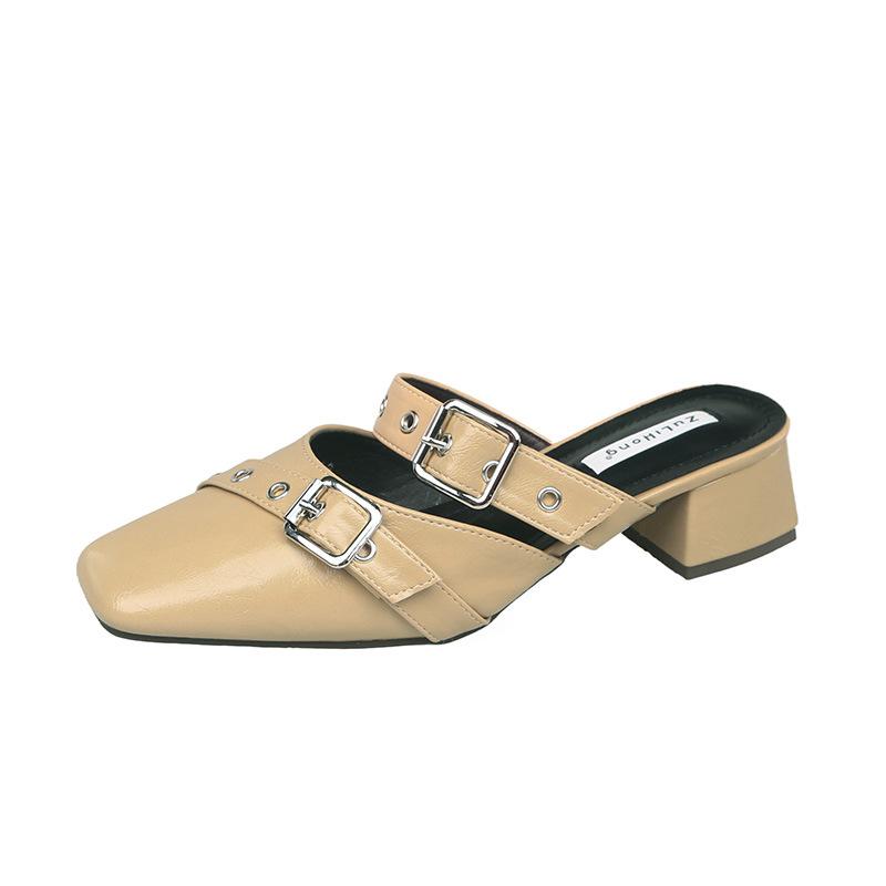 

Square head slippers French belt buckle bag head slippers women s spring 2025 new thick heel bag head slippers women s shoes 42 хакі