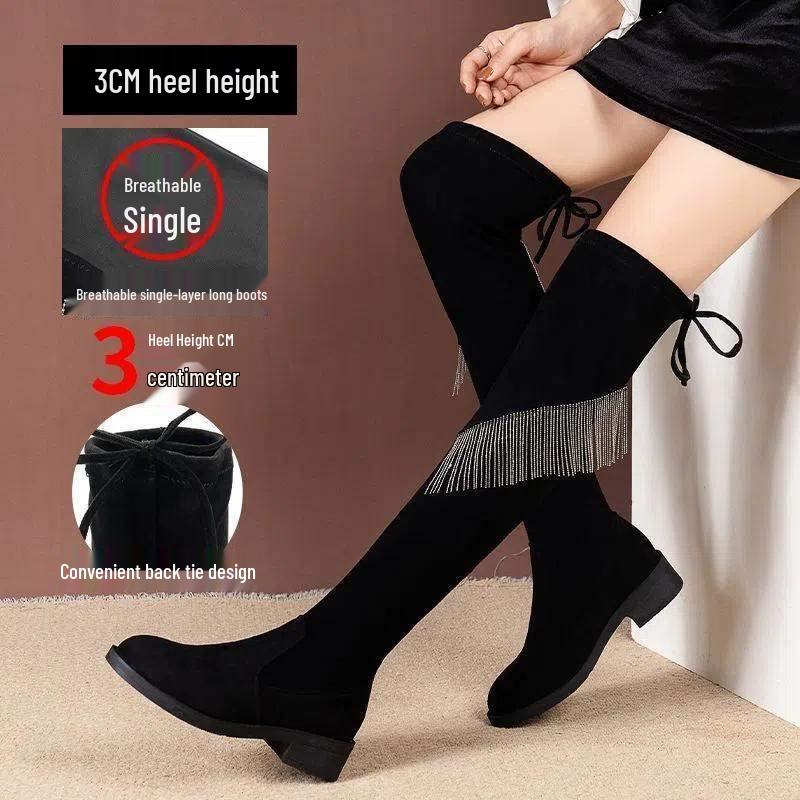 Damen Strass Quaste Wildleder Overknee Stiefel - Herbst 2025 Slim Fit Blockabsatz Hoher Schaft Stiefel