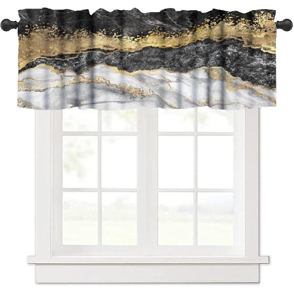Marble Valance Curtain for Kitchen, Modern Luxury Texture Black Grey Gold Marble Pattern Window Treatment Rod Pocket Drapes for Kitchen Batroom мраморный