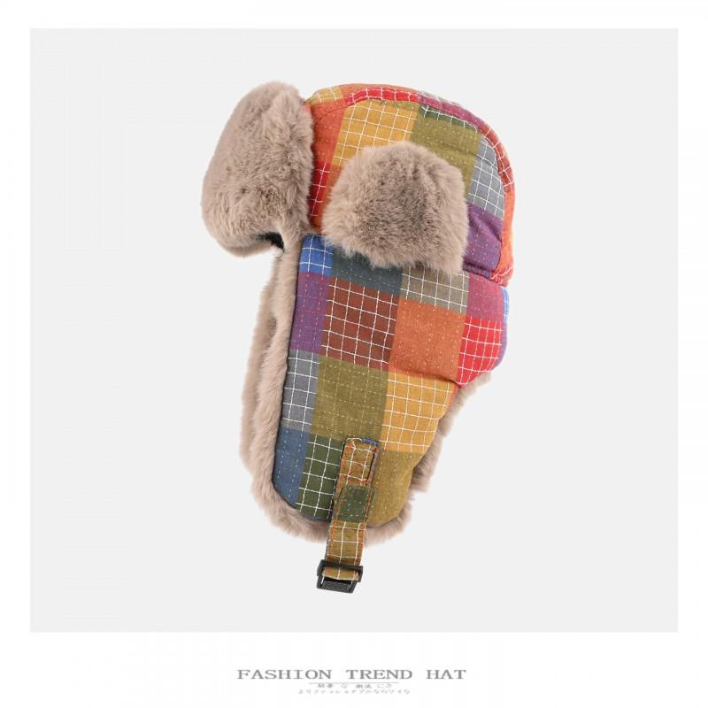 Unisex Retro Colorblock Plaid Fleece Lined Winter Warm Beanie Hat With Ear Protection