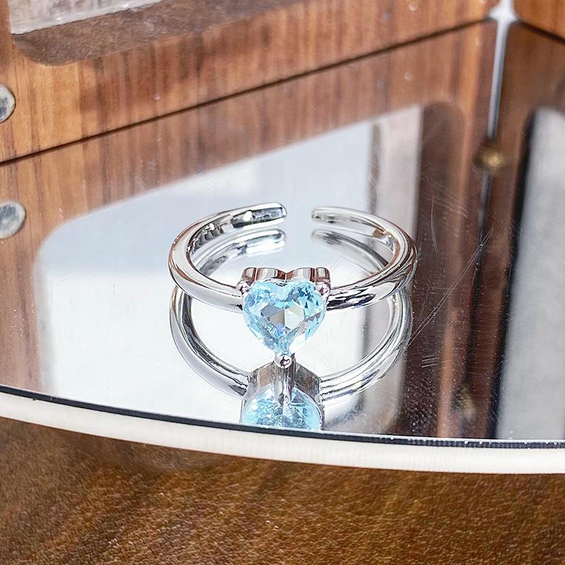 

Light Luxury High-End Sea Blue Zircon Light Luxury Sugar Cube Love Open Ring Niche Stacking Wearing Colored Treasure Exquisite Ring Adjustable opening
