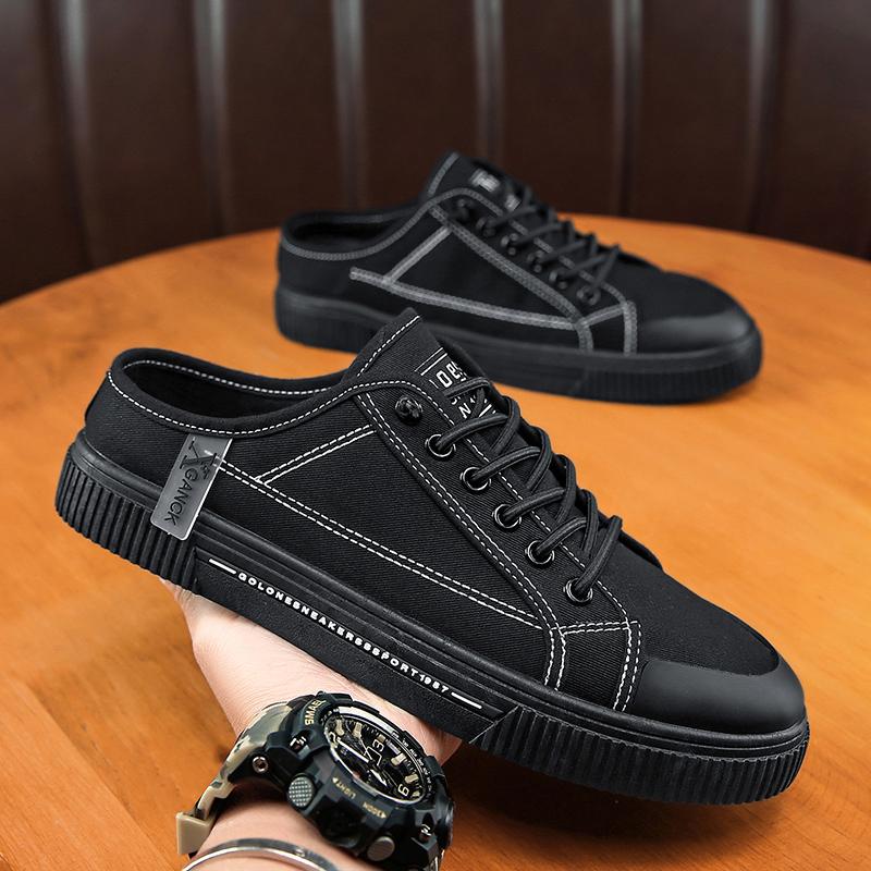 2025 Summer Canvas Backless Slip On Flats Loafers Slipper Half Shoes For Men Mules Man Slides Mens Semi-Drag Casual Board Shoes